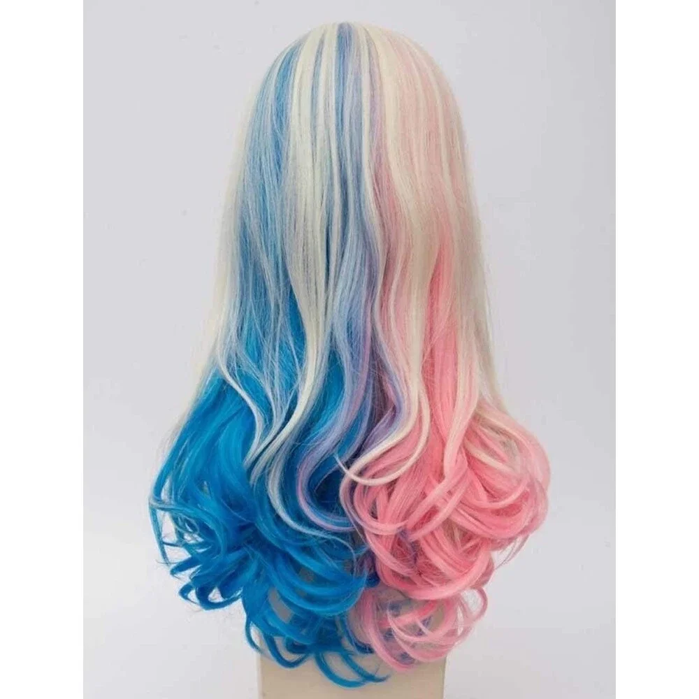 Harley Quinn Cosplay Wig Long Curly Blonde Blue Pink Middle Part Halloween Mix